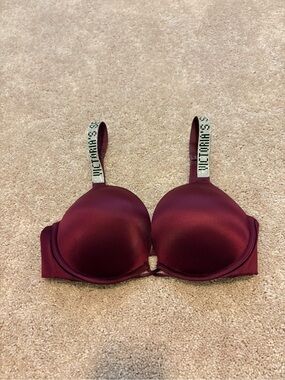 Victoria's Secret Burgundy Push-Up Bra with Rhinestone Logo Straps